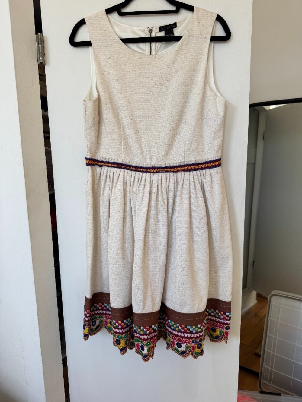 Let Me Be Oatmeal Embroidered Mirror Trim Dress Large Flaws